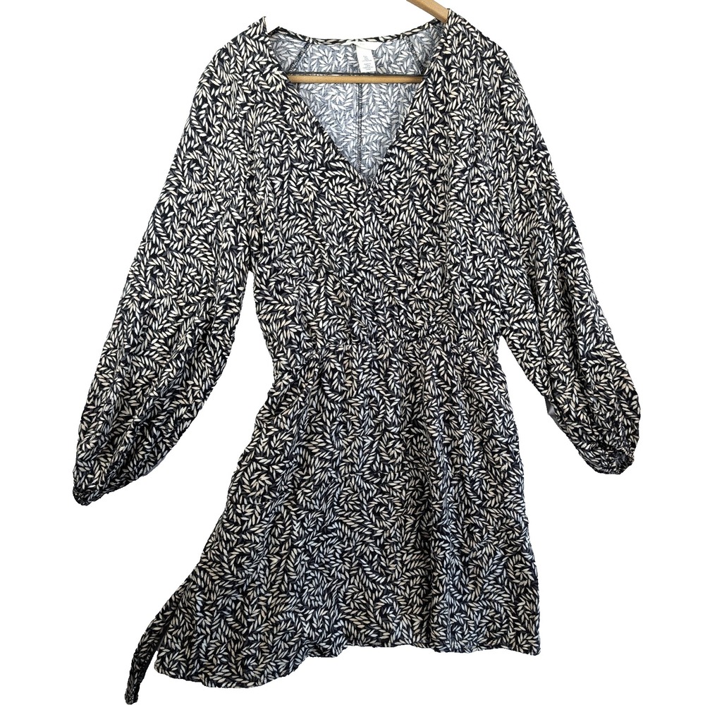 H&M Midi Dress Long Sleeve Belted Black & Beige Abstract Leaf Print L